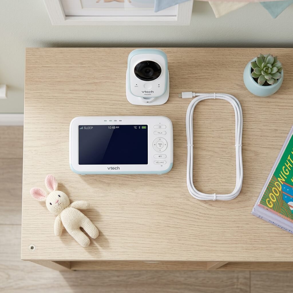 The Jartoo is built around a 5.5" screen paired with 2K-resolution cameras  in this dual-camera version, you get two units, which makes it a good fit for households watching two rooms, or two kids, without buying a second monitor separately. The core feature set covers most of what modern parents look for: AI-powered cry detection that alerts you the moment your baby stirs, adjustable noise cancellation so you can tune in specifically to your baby's sounds or stay aware of the whole room, two-way audio so you can talk or soothe remotely, and a small library of white noise and lullaby tracks to help with sleep. Automatic infrared night vision rounds things out, kicking in without any manual switching required.